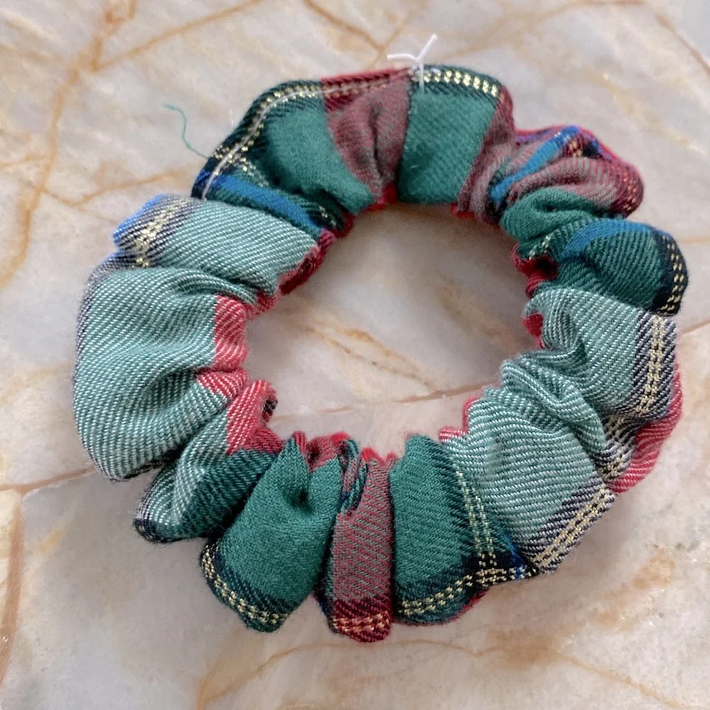 Victoria's Secret Plaid Hair Scrunchie Metallic Gold Thread Pink Blue NEW